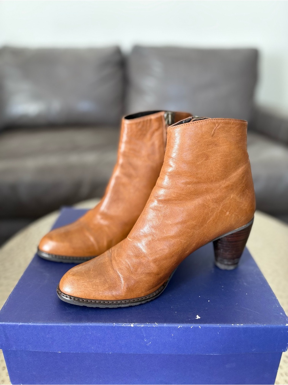 Stuart Weitzman Cognac Leather Boots Size 7.5M Block Heel Booties Made in Spain